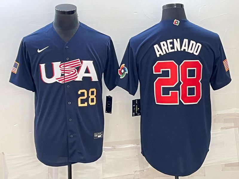 Men 2023 World Cub USA 28 Arenado Blue Nike MLB Jersey